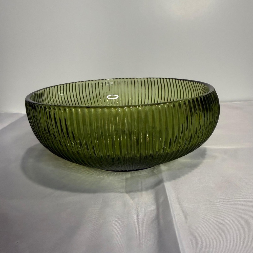 Vintage EO Brody Co Green Glass Ribbed Bowl Cleveland Ohio Mid Century Modern